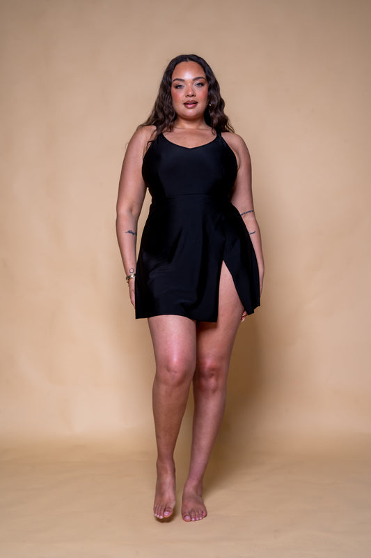 BLACK WRAP CONTROL FRONT BODICE SWIM DRESS