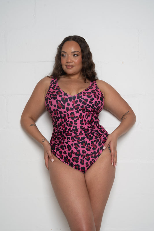 LEOPARD PRINT CONTROL SCOOP NECK SWIMSUIT