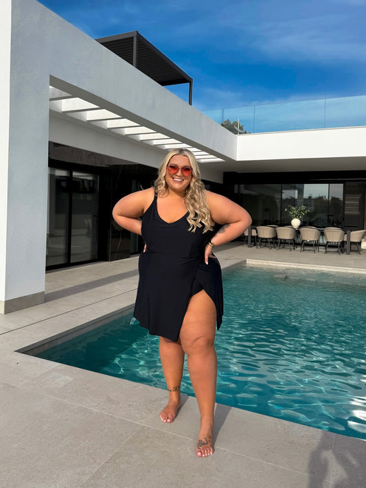 BLACK WRAP CONTROL FRONT BODICE SWIM DRESS